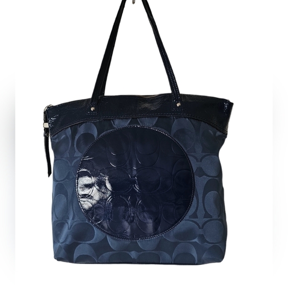 Coach Laura patent leather satin fabric navy blue sholder tote bag. - Picture 3 of 11